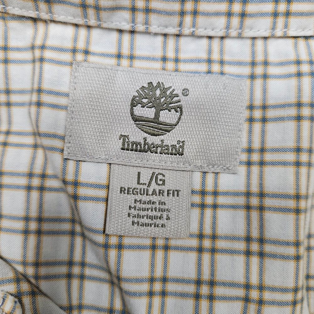 Timberland Size L Regular Fit Short Sleeve Ivory Green Plaid Button Front Shirt - Picture 3 of 6